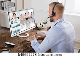 איש עסקים, ויעוד של וידאו, עם, התחבר, ב, מחשב