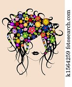 אישה יפה, עם, פרחים בשיער