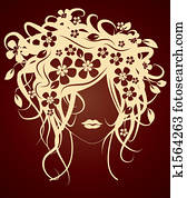 אישה יפה, עם, פרחים בשיער