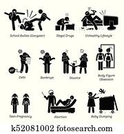 Youth Social Issues Stick Figure Pictogram Icons. Youth Social Issues Stick Figure Pictogram Icons.