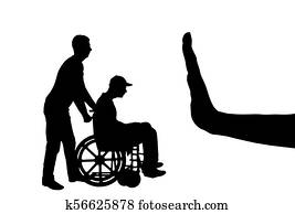 vector, silueta, de, triste, hombre incapacitado, en, sílla de ruedas, con, enfermera, y, gesto mano, parada