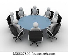 3d people - session behind a round table. 3d image. Isolated