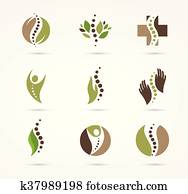 chiropractic, massagem, dor traseira, e, osteopatia, ícones