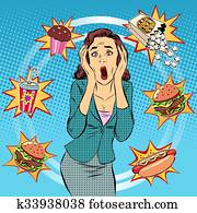 Fast food woman unhealthy diet panic Fast food woman unhealthy diet panic