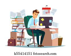 Man overwork in office vector illustration of cartoon manager sitting at computer desk working frustrated in stress Man overwork in office vector illustration of cartoon manager sitting at computer desk working frustrated in stress