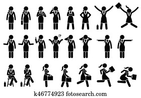 mulher negócios fica, andar, executando, e, sentando, poses, e, Postures.