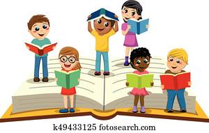 Multiracial Kids or children reading big open book isolated