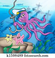 Octopus with anchor and starfishes Octopus with anchor and starfishes