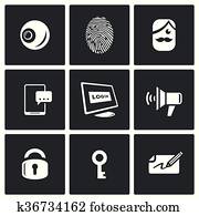 Vector Set of Security Technology Icons. Retinal scan, Fingerprint identification, SMS, Password, Speech synthesis, Locking, Unlocking, Signature.