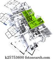 Green apartment mockup on blueprints Green apartment mockup on blueprints
