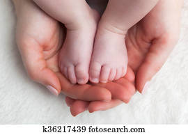 Newborn baby feet in mother's hands. Child care, feeling safe, protect. Newborn baby feet in mother's hands. Child care, feeling safe, protect.
