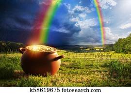 panela ouro, com, arco íris