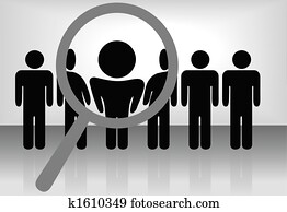 A magnifying glass finds, selects or inspects a person in a line of people: search & choose for employment, recognition, promotion, hire, etc A magnifying glass finds, selects or inspects a person in a line of people: search & choose for employment, recognition, promotion, hire, etc