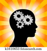 Gear Head Woman Profile Thinking on Yellow Orange Rays Gear Head Woman Profile Thinking on Yellow Orange Rays