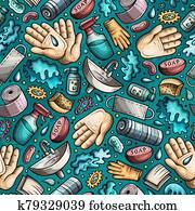 Hand wash hand drawn doodles seamless pattern. Protective measures background. Hand wash hand drawn doodles seamless pattern. Protective measures background.