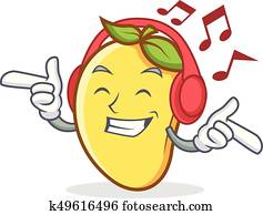Listening music mango character cartoon mascot Listening music mango character cartoon mascot