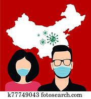 wuhan, coronavirus, 2019-ncov, concept., bábu woman, hord, surgical maszk, vektor, ábra