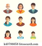 Asian family happy faces flat avatars set