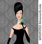 Chic Retro Woman Having a Cocktail With Gray Damask Wallpaper Chic Retro Woman Having a Cocktail With Gray Damask Wallpaper