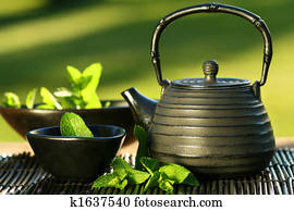Black asian teapot with mint tea Black asian teapot with mint tea