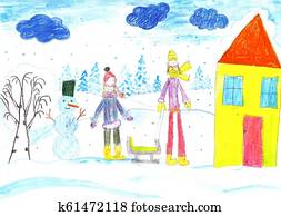 Children playing, skiing and sledding. Make a snowman. Drawing kid. Children playing, skiing and sledding. Make a snowman. Drawing kid.