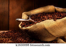 Coffee beans in burlap sack
