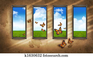 Grungy dark room with windows and butterflies and blue sky Grungy dark room with windows and butterflies and blue sky