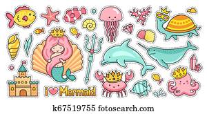 Mermaid, castle, dolphin, narwhal, octopus, crab, fish, jellyfish, turtle. Set of funny sea animals. Mermaid, castle, dolphin, narwhal, octopus, crab, fish, jellyfish, turtle. Set of funny sea animals.