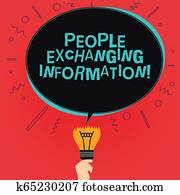 schrijvende, aantekening, weergeven, mensen, wisselen, information., zakelijk, foto, showcasing, voorbijgaand, informatie, van, een, om te, een ander, ovaal, tekstballonetje, boven, een, kapot, bol, met, mislukt, idee, icon.