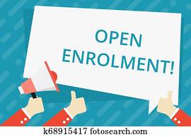 Text sign showing Open Enrolment. Conceptual photo period during which members can choose an alternate plan Hand Holding Megaphone and Other Two Gesturing Thumbs Up with Text Balloon. Text sign showing Open Enrolment. Conceptual photo period during which members can choose an alternate plan Hand Holding Megaphone and Other Two Gesturing Thumbs Up with Text Balloon.