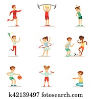 crianças, prática, diferente, esportes, e, físico, atividades, em, educação física, classe, ginásio, e, outdoors., jogar crianças, futebol, tênis tabela, basquetebol, e, fazendo, atlético, exercises.