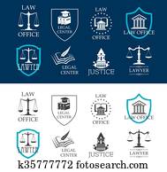 justicia, ley, oficina, y, legal, centro, iconos