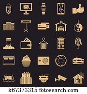 alojamento, ícones, jogo, simples, estilo