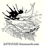 grafisk, whales, flygning, in, den, sky