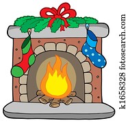 Weihnachten, kaminofen, herd, mit, kranz, und, strümpfe Stock Foto