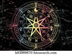 Wiccan symbol of protection. Mandala Witches runes, Mystic Wicca divination. Boho style Colorful Ancient occult symbols, Earth Zodiac Wheel of the Year Astrological signs, vector isolated or black Wiccan symbol of protection. Mandala Witches runes, Mystic Wicca divination. Boho style Colorful Ancient occult symbols, Earth Zodiac Wheel of the Year Astrological signs, vector isolated or black