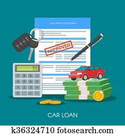 Approved car loan vector illustration. Buying automobile concept. Auto keys, money, application form