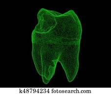 Dental wireframe tooth isolated on black 3D illustration