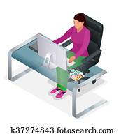 Graphic designer or artist at work. Drawing something on graphic tablet at the office. Color swatch samples. Flat 3d vector isometric illustration. Graphic designer or artist at work. Drawing something on graphic tablet at the office. Color swatch samples. Flat 3d vector isometric illustration.