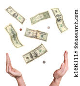 hands reaching out to money falling from the sky