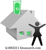 Symbol woman celebrates house savings or work at home income
