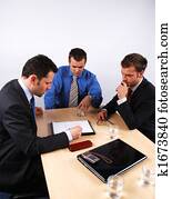 drie, zakenlieden, behandeling, negotiations., 1