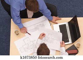 dva, architekt, reviewing, ta, blueprints