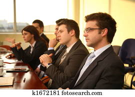 fem, forretningspersoner, ved, ei, konferanse, -, handling