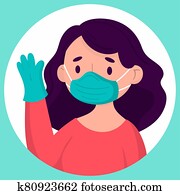 niña, máscara pesada, y, guantes, debido, a, covid, 19, infección, coronavirus, pandemia