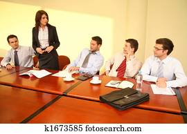 reunião informal negócio, -, mulher, saliência, fala