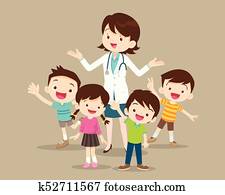 רופא של אישה, עם, ילדים, שמח
