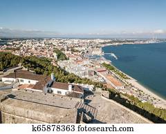 Aerial view of Setubal with fortress in the forest, Portugal