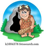 Cartoon prehistoric man before cave Cartoon prehistoric man before cave