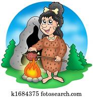 Cartoon prehistoric woman before cave Cartoon prehistoric woman before cave
